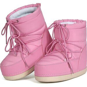 Women's Pink Winter Snow Boots Anti-Slip Lace-up Ankle Booties with Lining